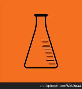 Icon of chemistry cone flask. Orange background with black. Vector illustration.