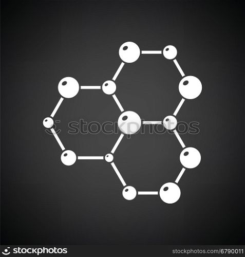 Icon of chemistry hexa connection of atoms. Black background with white. Vector illustration.