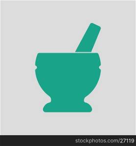 Icon of chemistry mortar. Gray background with green. Vector illustration.