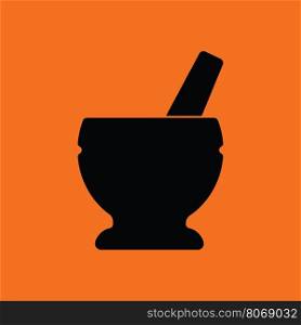 Icon of chemistry mortar. Orange background with black. Vector illustration.