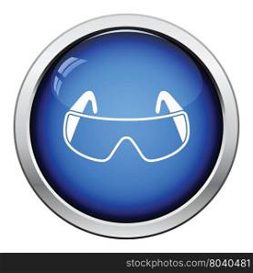 Icon of chemistry protective eyewear. Glossy button design. Vector illustration.