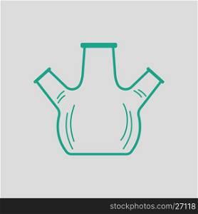 Icon of chemistry round bottom flask with triple throat. Gray background with green. Vector illustration.