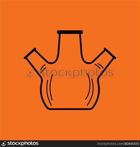Icon of chemistry round bottom flask with triple throat. Orange background with black. Vector illustration.