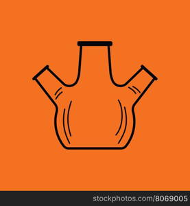 Icon of chemistry round bottom flask with triple throat. Orange background with black. Vector illustration.