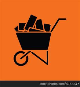 Icon of construction cart . Orange background with black. Vector illustration.