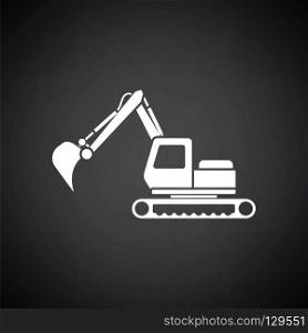Icon of construction excavator. Black background with white. Vector illustration.
