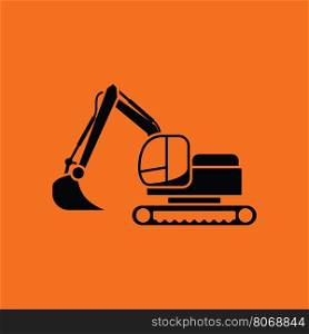 Icon of construction excavator. Orange background with black. Vector illustration.