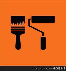Icon of construction paint brushes. Orange background with black. Vector illustration.