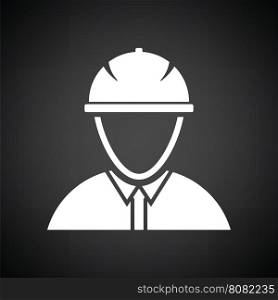 Icon of construction worker head in helmet. Black background with white. Vector illustration.
