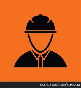 Icon of construction worker head in helmet. Orange background with black. Vector illustration.