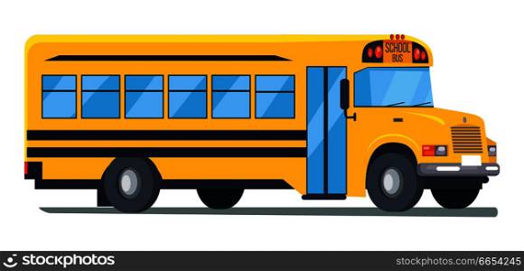 Icon of conventional-style yellow school bus used for student transport isolated vector illustration on white background. View from left cartoon illustration. Icon of School Bus Isolated Illustration on White