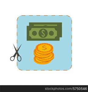 Icon of coupon cutout with money in flat design