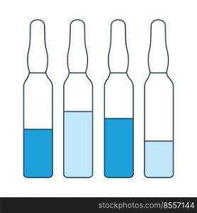 Icon of COVID-19 vaccination, four bottles of vaccine for a medical poster in shades of blue. Vector illustration in the style of a flat icon isolated on a white background.