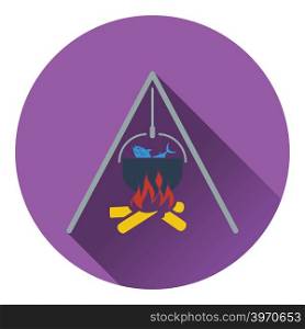 Icon of fire and fishing pot. Flat design. Vector illustration.