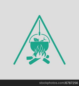 Icon of fire and fishing pot. Gray background with green. Vector illustration.