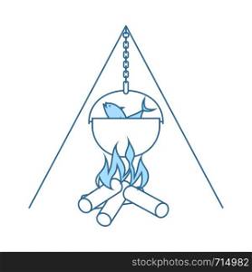 Icon Of Fire And Fishing Pot. Thin Line With Blue Fill Design. Vector Illustration.
