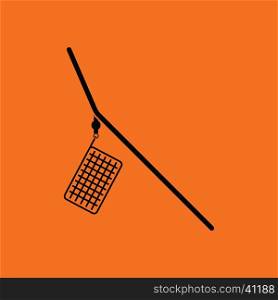 Icon of fishing feeder net. Orange background with black. Vector illustration.