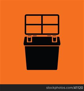 Icon of Fishing opened box. Orange background with black. Vector illustration.