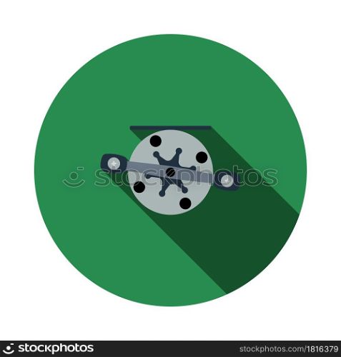 Icon Of Fishing Reel. Flat Circle Stencil Design With Long Shadow. Vector Illustration.