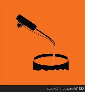 Icon of Fishing winter tackle . Orange background with black. Vector illustration.