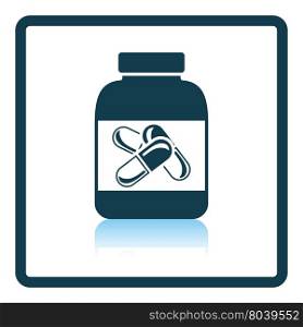 Icon of Fitness pills in container . Shadow reflection design. Vector illustration.