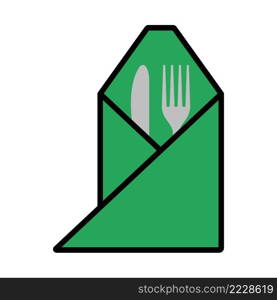 Icon Of Fork And Knife Wrapped In Napkin. Editable Bold Outline With Color Fill Design. Vector Illustration.