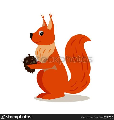 Icon of funny cute orange squirrel with cone isolated, forest, woodland animal, vector illustration for children book or decoration. Icon of squirrel with cone isolated, forest, woodland animal