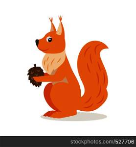 Icon of funny cute orange squirrel with cone isolated, forest, woodland animal, vector illustration for children book or decoration. Icon of squirrel with cone isolated, forest, woodland animal