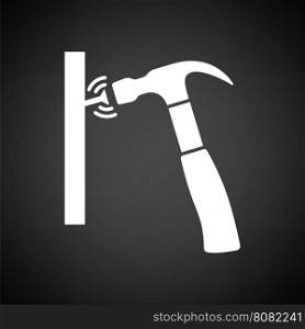 Icon of hammer beat to nail. Black background with white. Vector illustration.