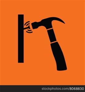 Icon of hammer beat to nail. Orange background with black. Vector illustration.