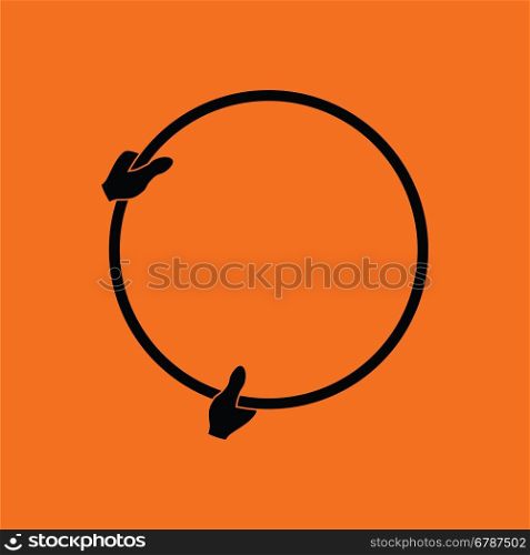Icon of hand holding photography reflector. Orange background with black. Vector illustration.