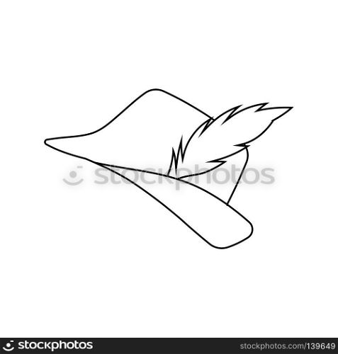 Icon of hunter hat with feather. Thin line design. Vector illustration.