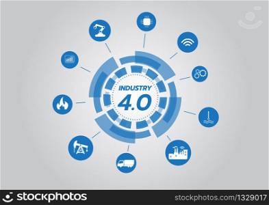 Icon of industry 4.0 concept, Internet of things network, smart factory solution, Manufacturing technology, automation robot with gray background