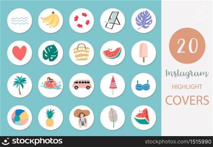 Icon of instagram highlight cover with beach, watermelon, fruit in summer style for social media