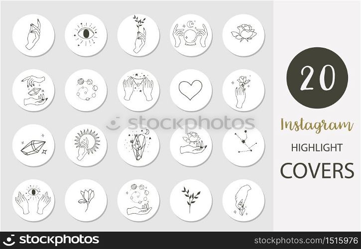 Icon of instagram highlight cover with hand, rose, magic in boho style for social media