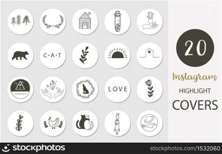 Icon of instagram highlight cover with house,bear,crystal in boho style for social media