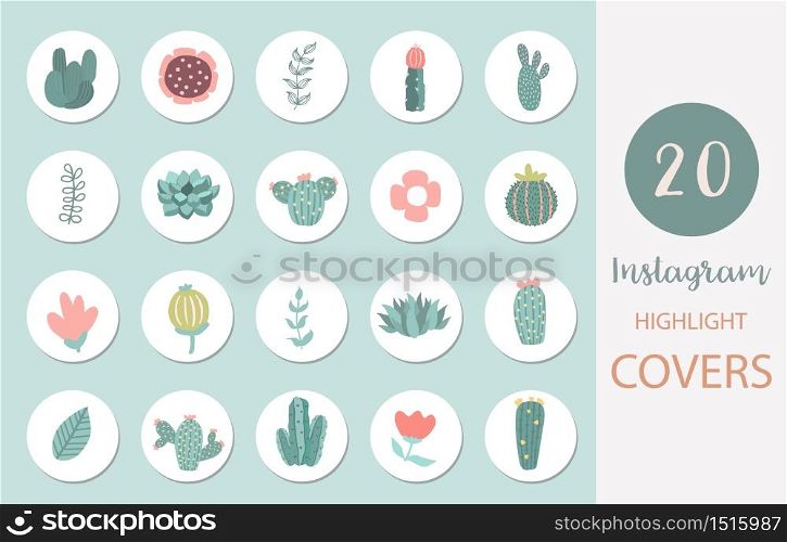 Icon of instagram highlight cover with llama, cactus, flower for social media