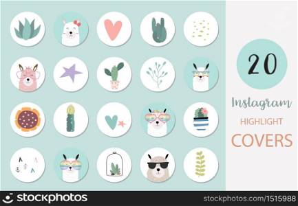 Icon of instagram highlight cover with llama, cactus, heart for social media