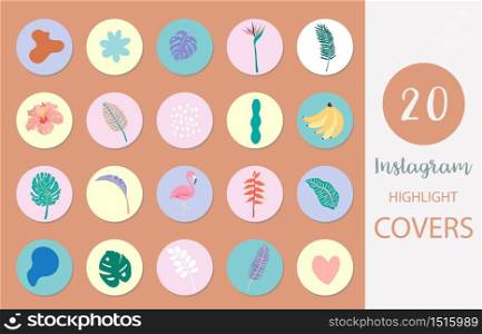 Icon of instagram highlight cover with palm, leaf, flamingo in summer style for social media