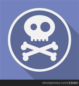 Icon of Jolly Roger symbol. Pirate, filibuster, corsair sign of crossed bones or crossbones and skull. Vector emblem