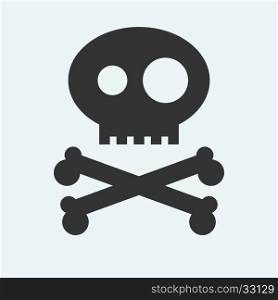 Icon of Jolly Roger symbol. Pirate, filibuster, corsair sign of crossed bones or crossbones and skull. Vector emblem