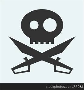 Icon of Jolly Roger symbol. Pirate, filibuster, corsair sign of crossed sabers or swords and skull. Vector emblem