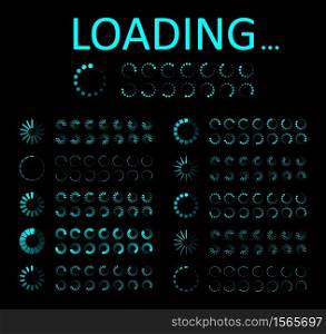 Icon of load progress. Circle for ui of loading. Bar of preloader, indicator for computer. Design interface for download from website. Wait time of loader. Round status of process of upload. Vector.. Icon of load progress. Circle for ui of loading. Bar of preloader, indicator for computer. Design interface for download from website. Wait time of loader. Round status of process of upload. Vector