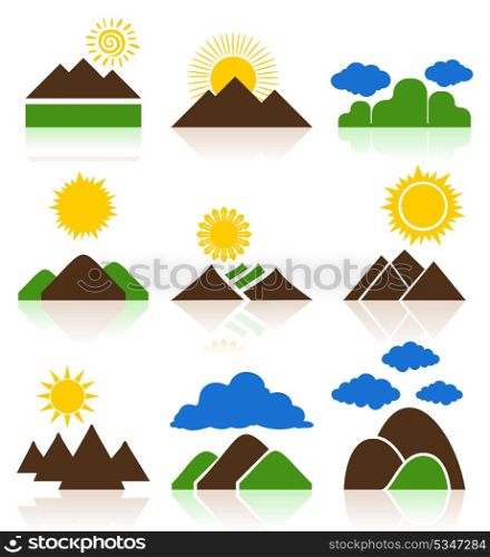 Icon of mountains. Set of icons of mountains and landscapes. A vector illustration