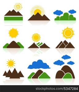Icon of mountains. Set of icons of mountains and landscapes. A vector illustration