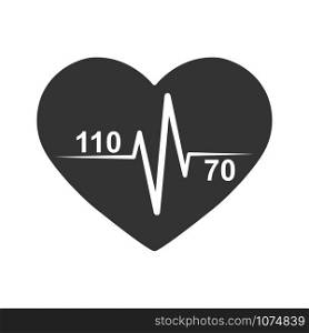 Icon of normal heart and blood pressure 110 by 70 on the background of the silhouette of the heart. Medical-themed badge or logo