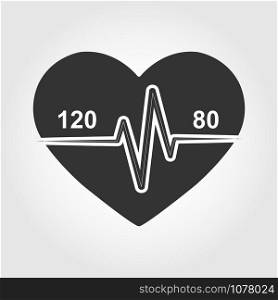 Icon of normal heart and blood pressure 120 by 80 on the background of the silhouette of the heart. Medical-themed badge or logo