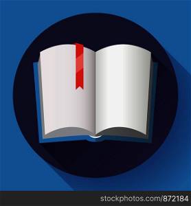 Icon of open textbook with red bookmark. Blank book with a blue cover. Isolated on white background. Vector illustration.. Icon of open textbook with red bookmark.