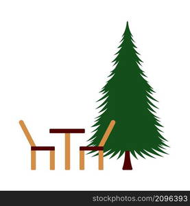 Icon Of Park Seat And Pine Tre. Flat Color Design. Vector Illustration.