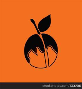 Icon of Peach. Orange background with black. Vector illustration.